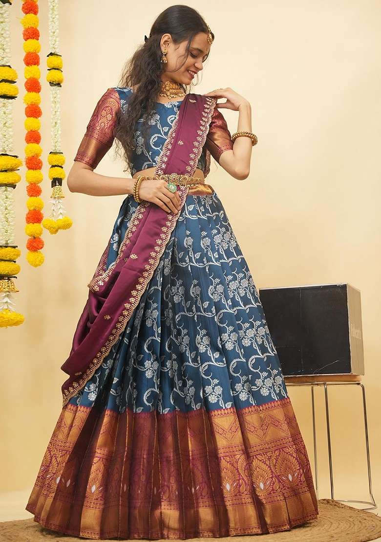 Turquoise Blue Zari Work Blended Lehenga Choli - Indya