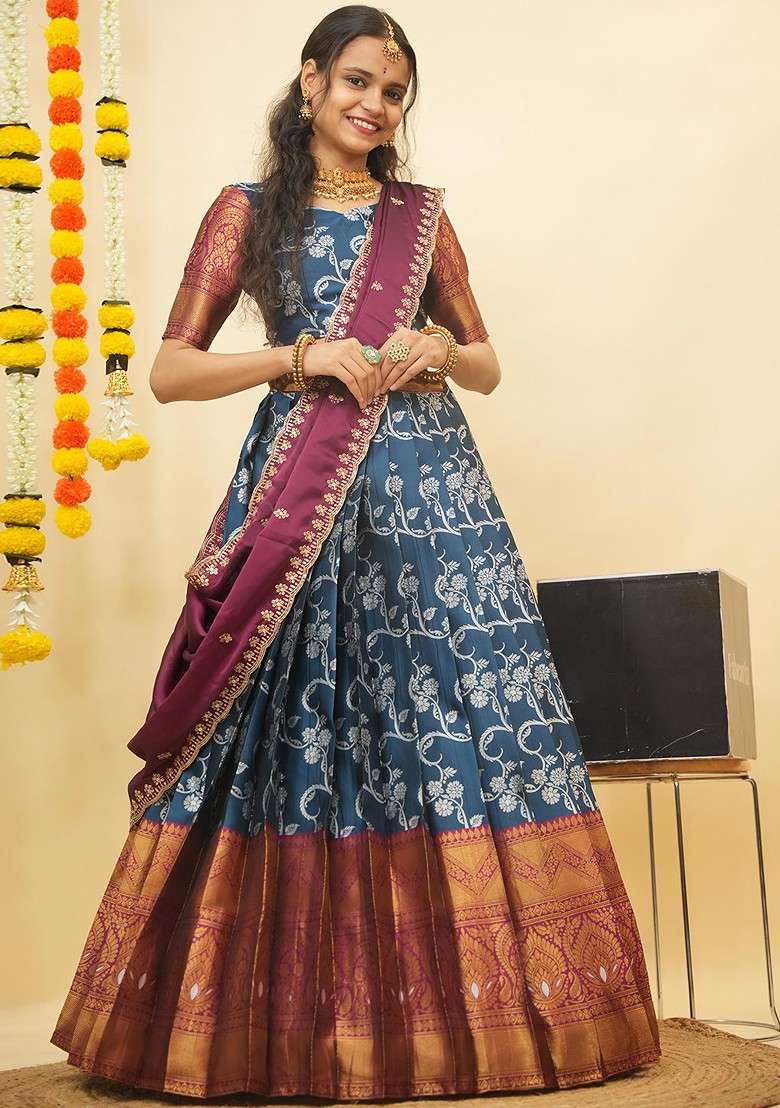 Turquoise Blue Zari Work Blended Lehenga Choli - Indya