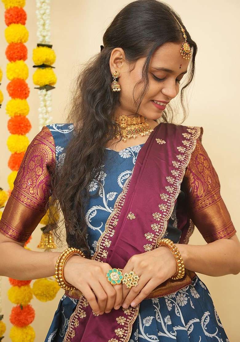 Turquoise Blue Zari Work Blended Lehenga Choli - Indya