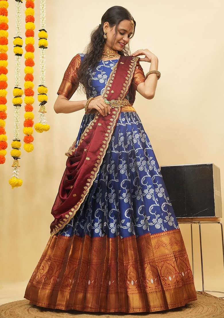 Navy Blue Zari Work Blended Lehenga Choli - Indya