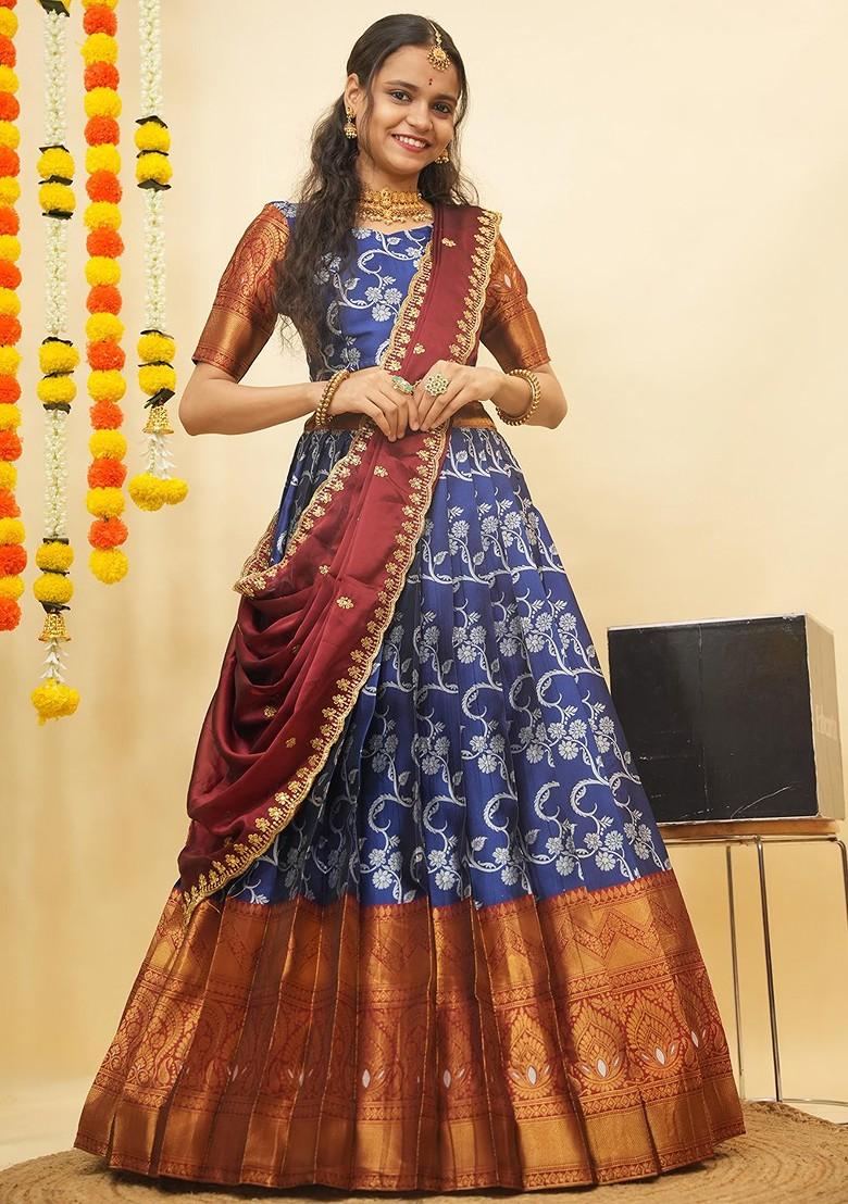 Navy Blue Zari Work Blended Lehenga Choli - Indya