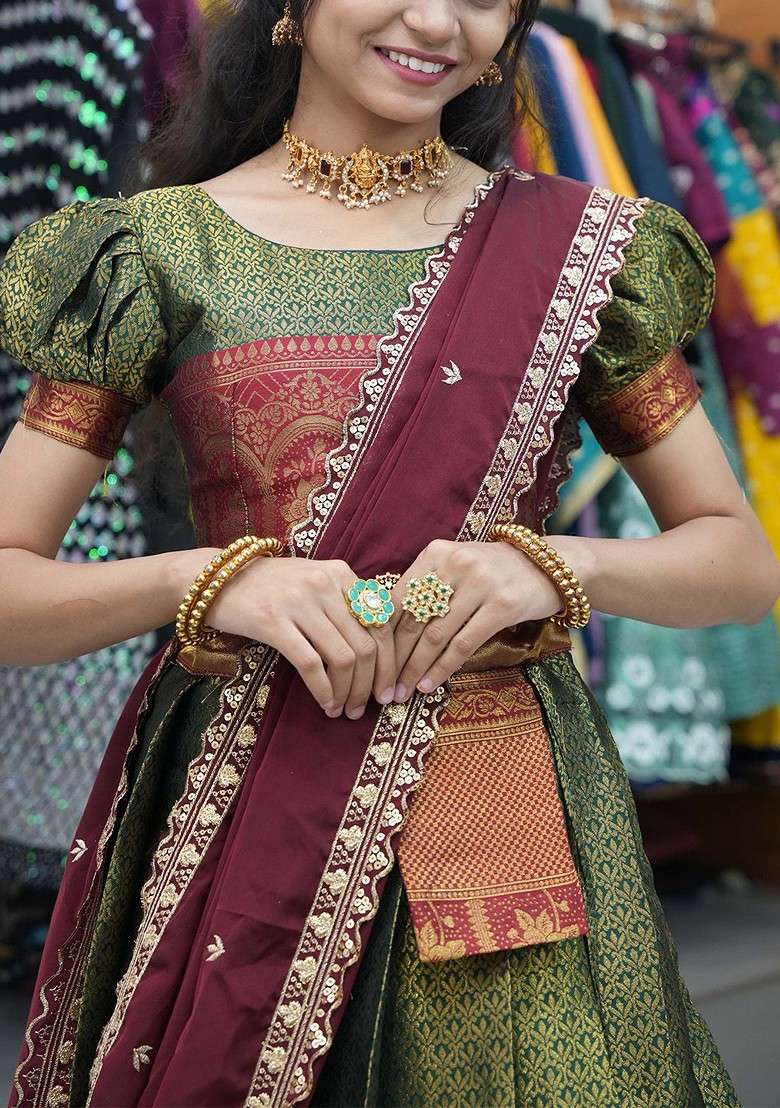 Green Emboridered Blended Lehenga Choli - Indya