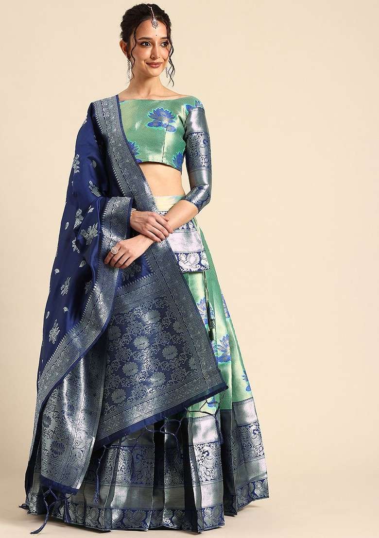 Sea Green Emboridered Blended Lehenga Choli - Indya