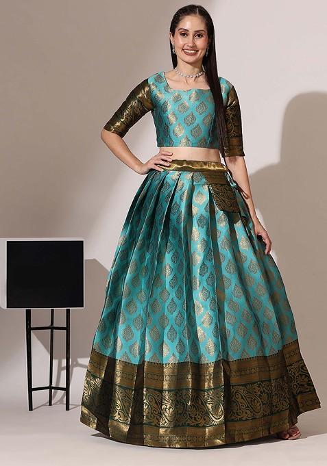 Sea Green Zari Work Blended Lehenga Choli — view on Indya