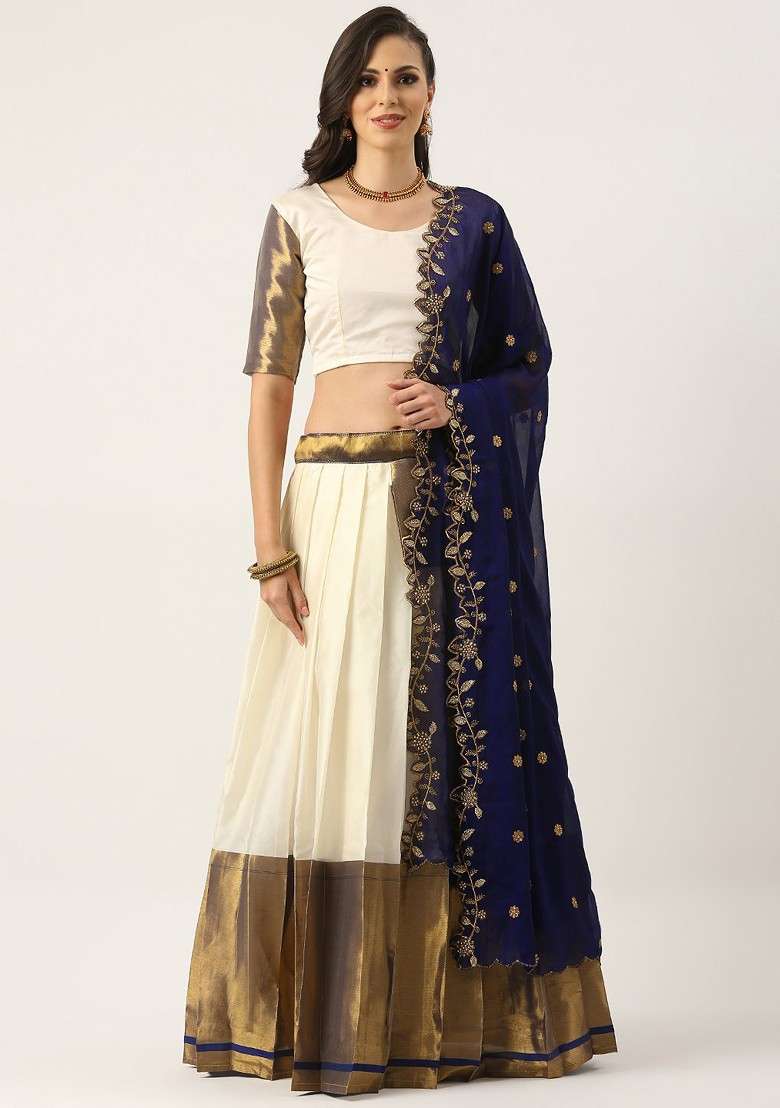 Navy Blue Woven Design Blended Lehenga Choli - Indya