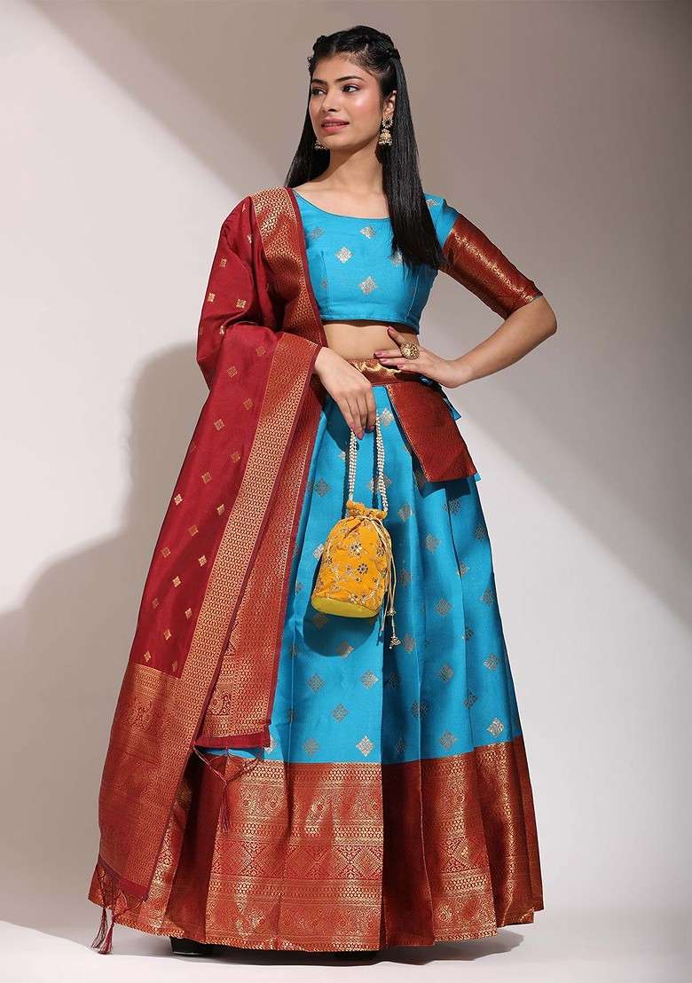 Turquoise Blue Woven Design Blended Lehenga Choli - Indya