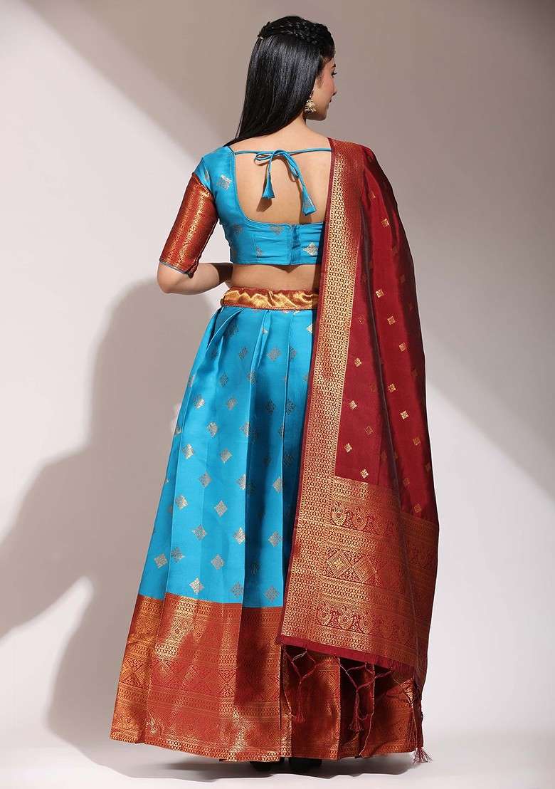 Turquoise Blue Woven Design Blended Lehenga Choli - Indya
