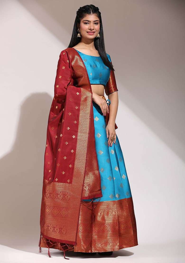 Turquoise Blue Woven Design Blended Lehenga Choli - Indya