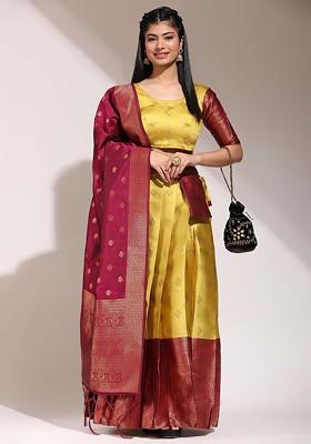 Yellow Woven Design Blended Lehenga Choli