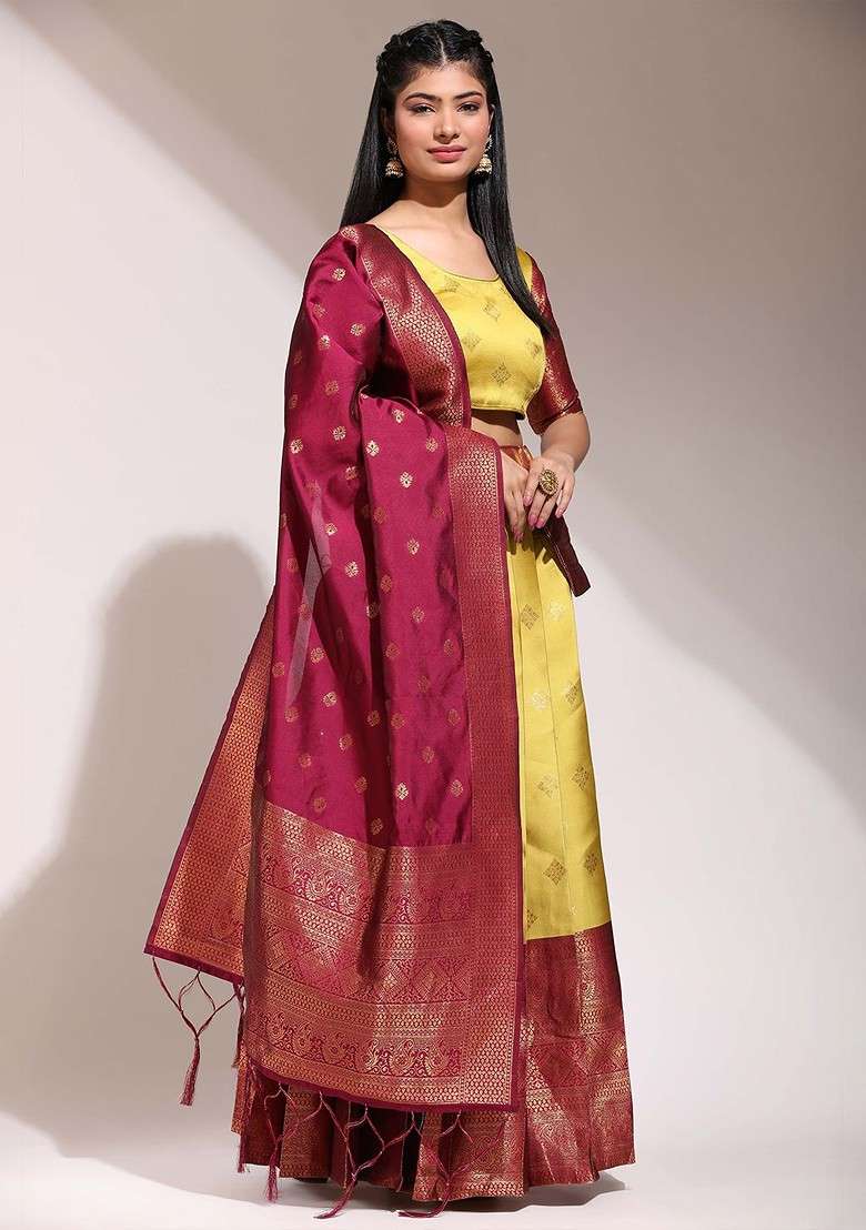 Yellow Woven Design Blended Lehenga Choli - Indya