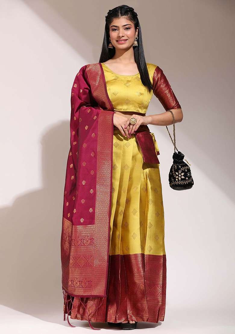 Yellow Woven Design Blended Lehenga Choli - Indya