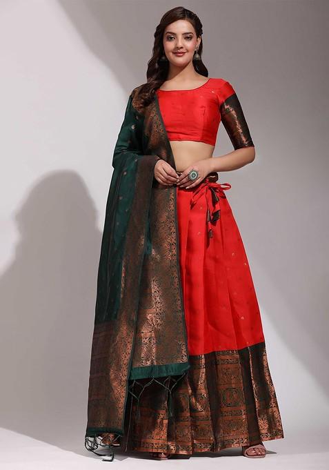Red Woven Design Blended Lehenga Choli — view on Indya