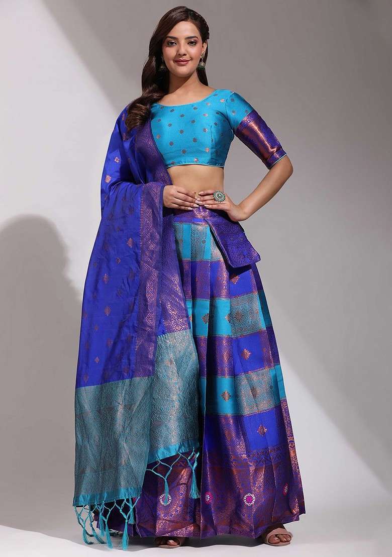 Turquoise Blue Zari Work Blended Lehenga Choli - Indya