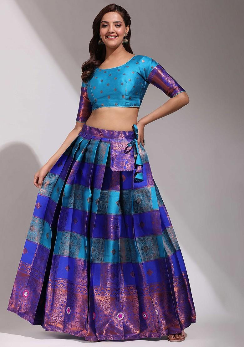Turquoise Blue Zari Work Blended Lehenga Choli - Indya