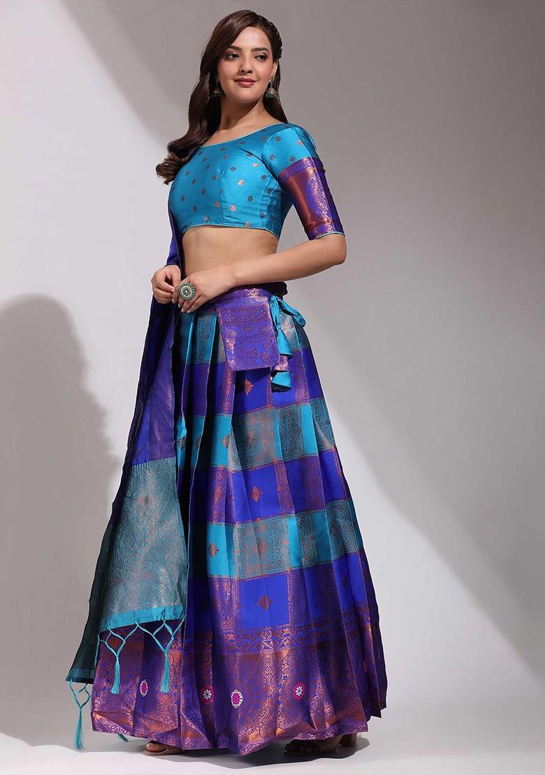 Turquoise Blue Zari Work Blended Lehenga Choli - Indya