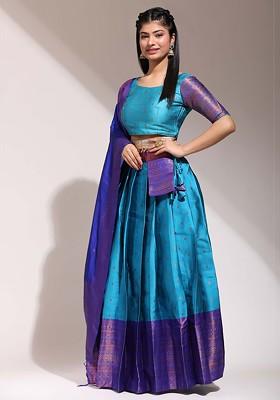 Turquoise Blue Woven Design Blended Lehenga Choli
