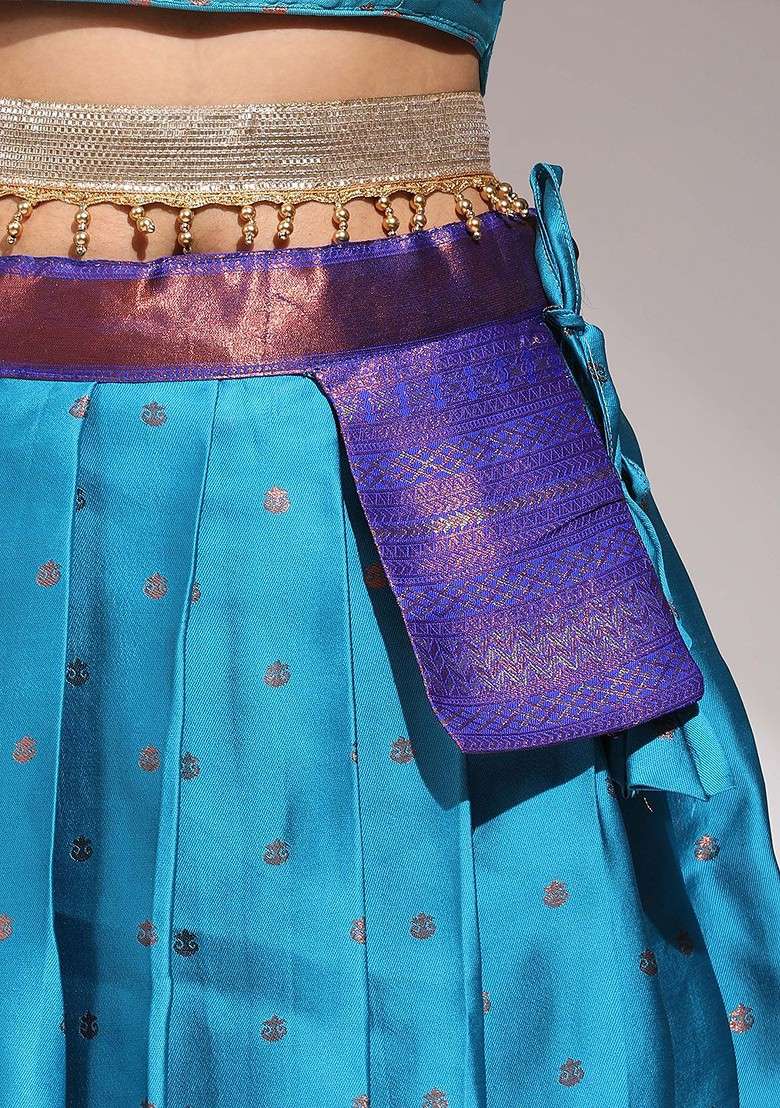 Turquoise Blue Woven Design Blended Lehenga Choli - Indya