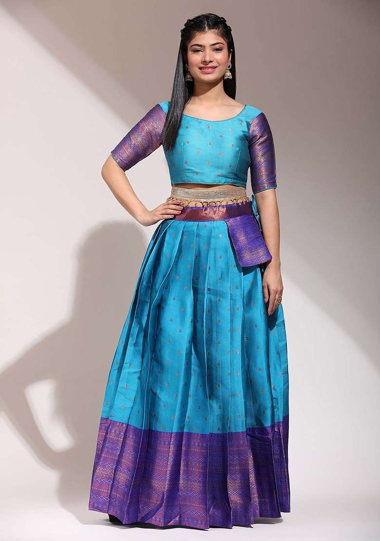 Turquoise Blue Woven Design Blended Lehenga Choli - Indya