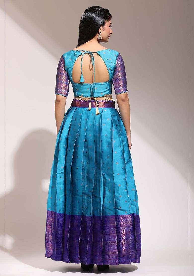 Turquoise Blue Woven Design Blended Lehenga Choli - Indya