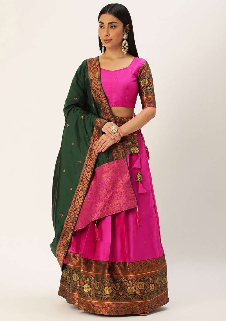 Pink Zari Work Blended Lehenga Choli - Indya
