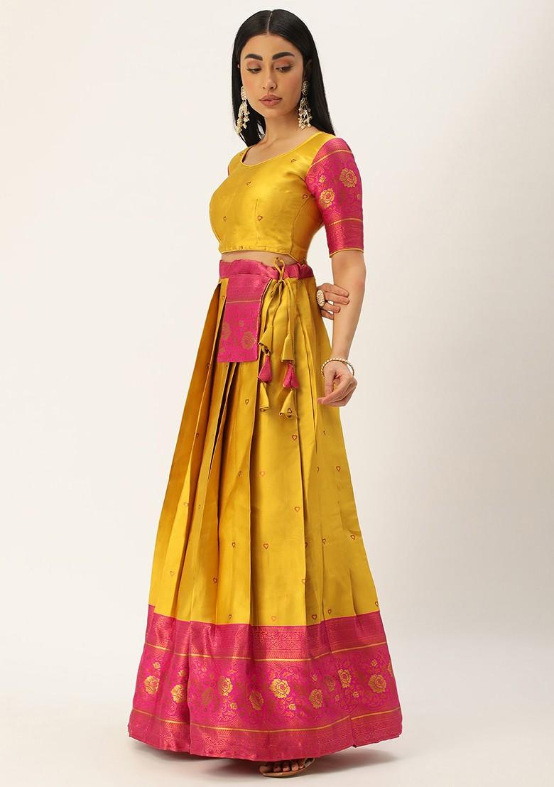 Yellow Zari Work Blended Lehenga Choli - Indya