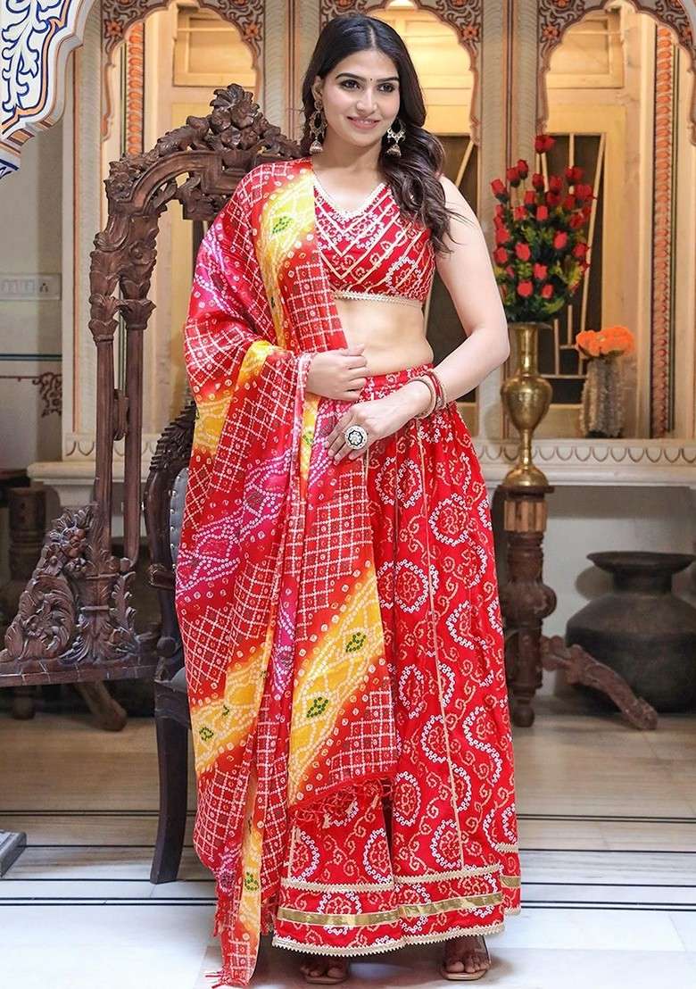 Red Emboridered Blended Lehenga Choli for Diwali and Festive Wear - Indya
