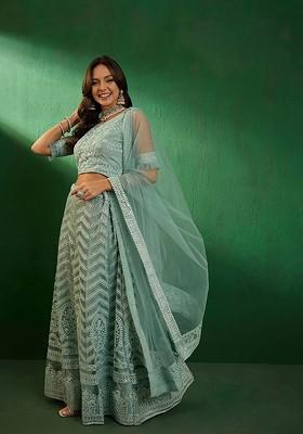Turquoise Blue Emboridered Blended Lehenga Choli