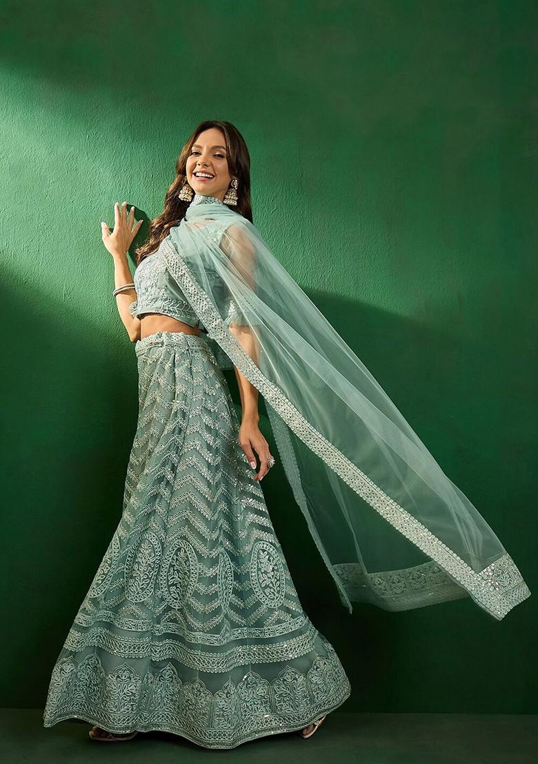 Turquoise Blue Emboridered Blended Lehenga Choli - Indya