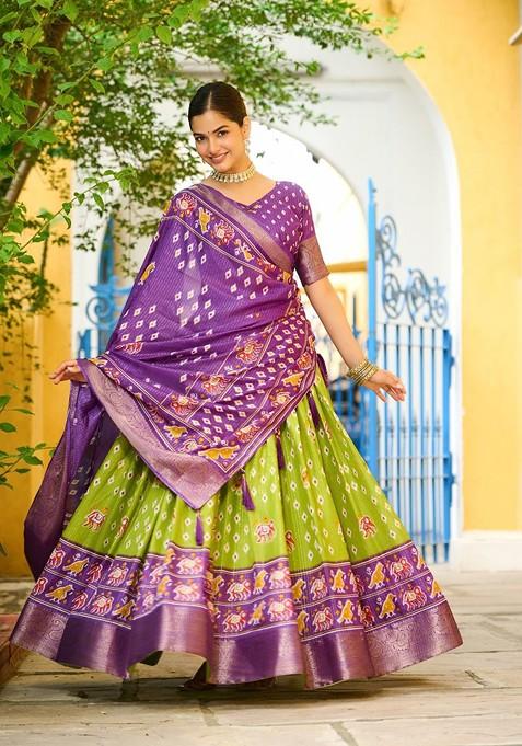 Green Printed Blended Lehenga Choli — view on Indya