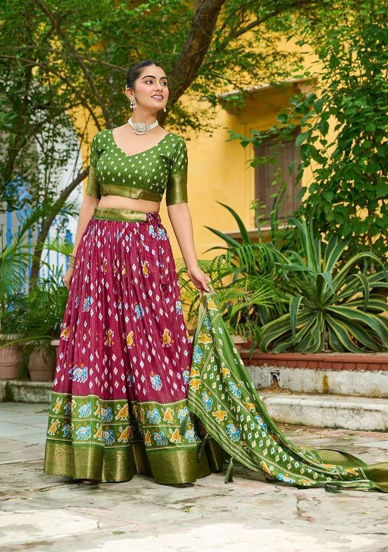Maroon Printed Blended Lehenga Choli - Indya