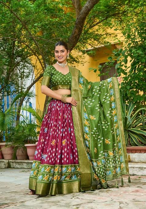 Maroon Printed Blended Lehenga Choli — view on Indya