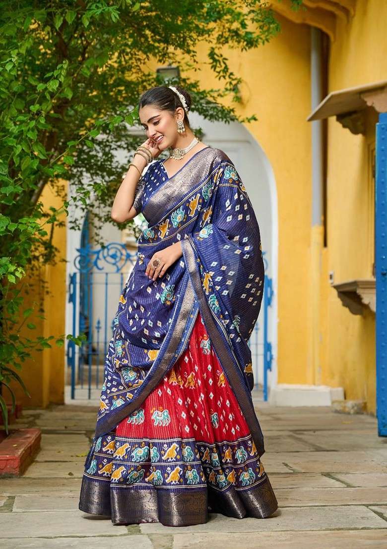 Blue Printed Blended Lehenga Choli - Indya