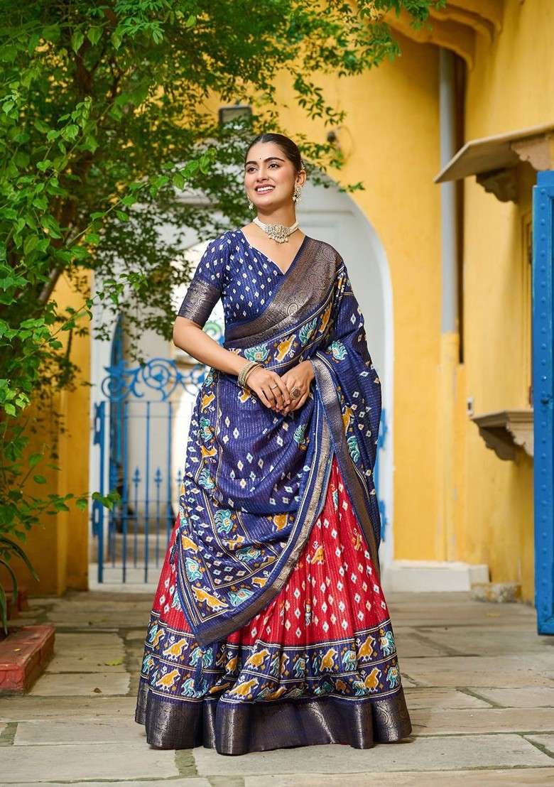 Blue Printed Blended Lehenga Choli - Indya