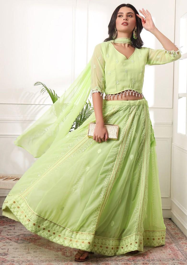 Lime Green Emboridered Blended Lehenga Choli