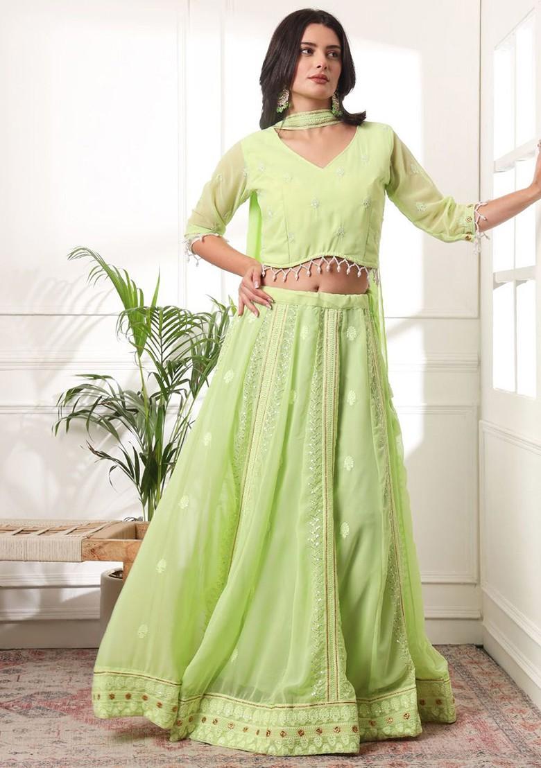 Lime Green Emboridered Blended Lehenga Choli