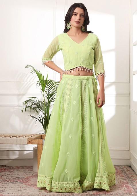 Lime Green Emboridered Blended Lehenga Choli