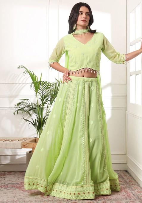 Lime Green Emboridered Blended Lehenga Choli