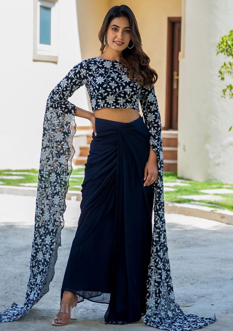 Navy Blue Emboridered Blended Lehenga Choli