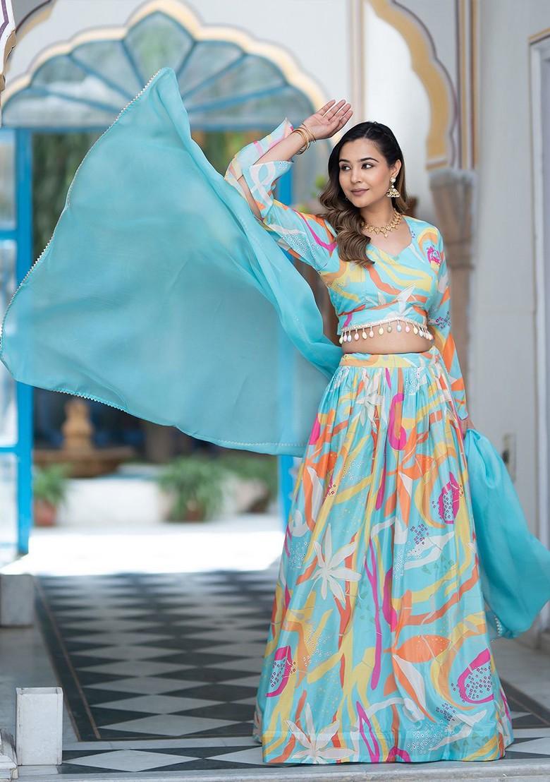 Blue Printed Blended Lehenga Choli - Indya