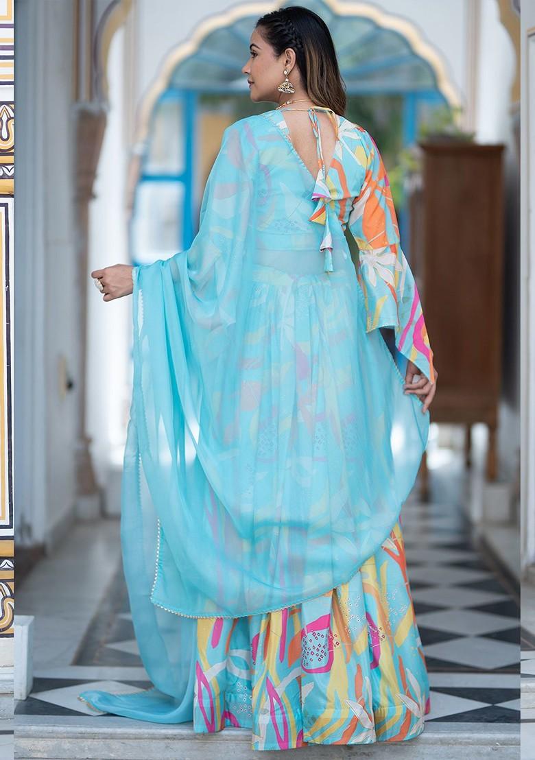Blue Printed Blended Lehenga Choli - Indya