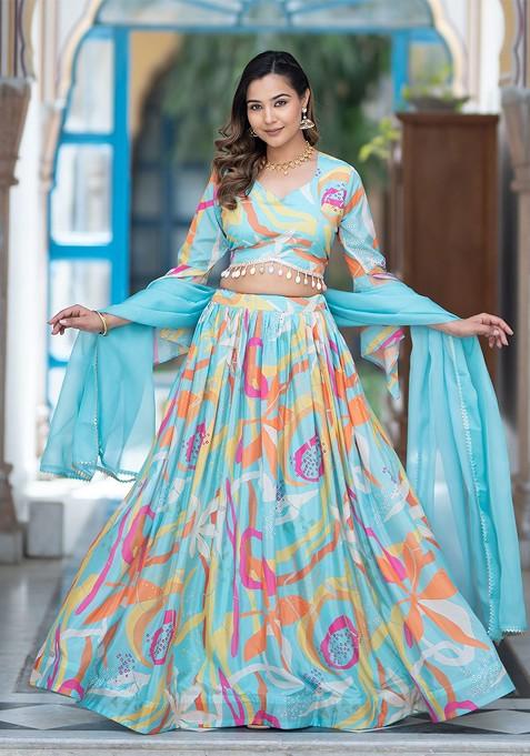 Blue Printed Blended Lehenga Choli — view on Indya