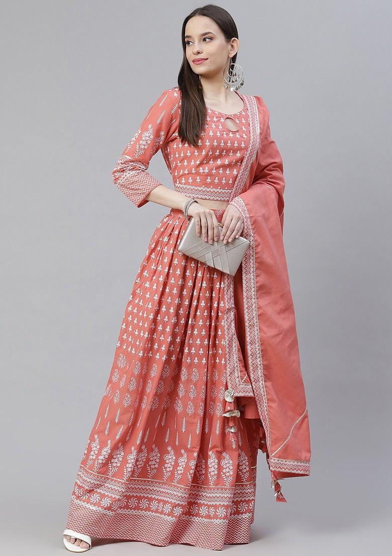 Pink Printed Blended Lehenga Choli
