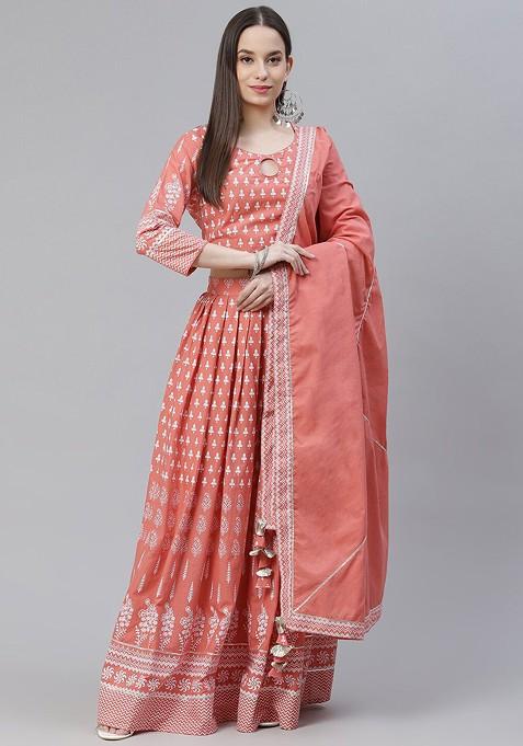 Pink Printed Blended Lehenga Choli