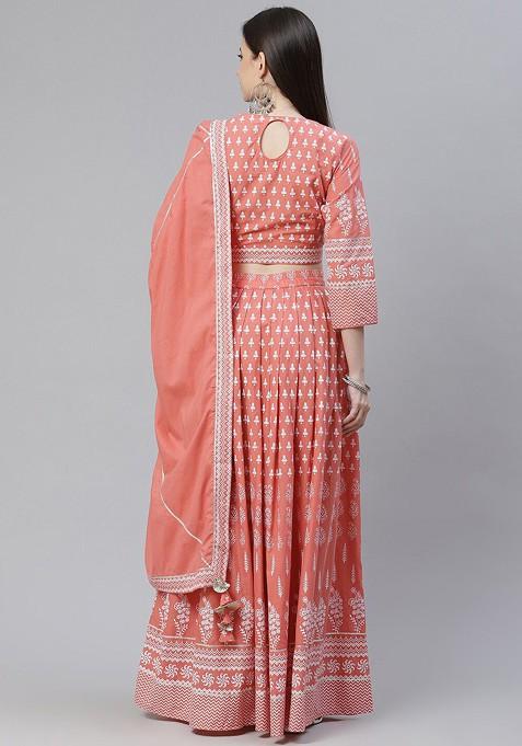 Pink Printed Blended Lehenga Choli