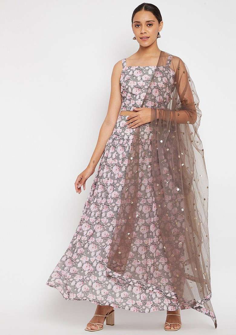 Grey Blended Choli Lehenga with Printed for Diwali | Wedding & Festive Wear - Indya