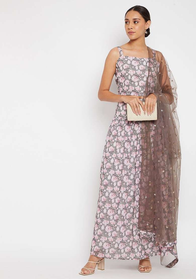 Grey Blended Choli Lehenga with Printed for Diwali | Wedding & Festive Wear - Indya
