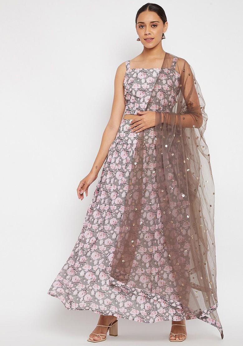 Grey Printed Blended Lehenga Choli - Indya