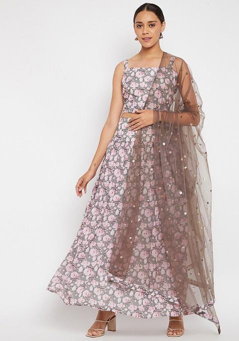 Grey Printed Blended Lehenga Choli — view on Indya