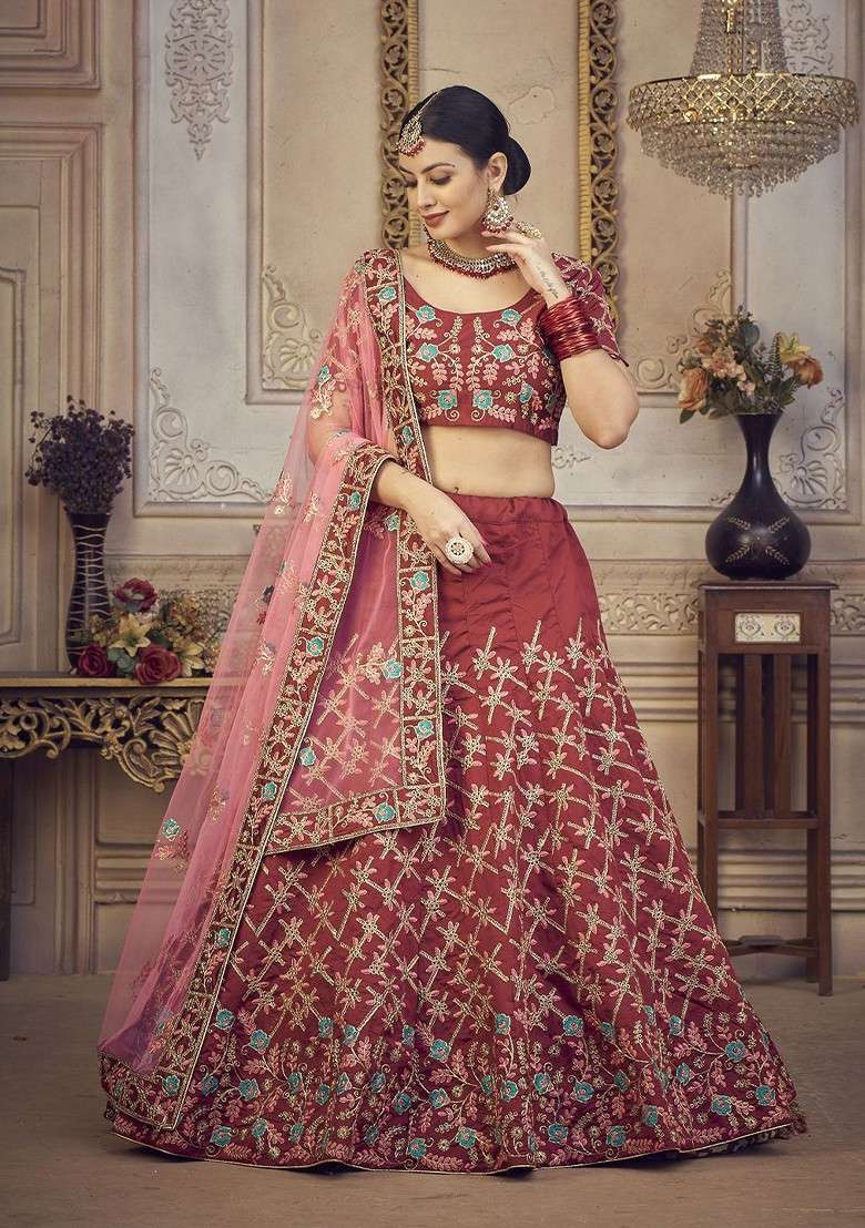 Maroon Emboridered Blended Lehenga Choli - Indya
