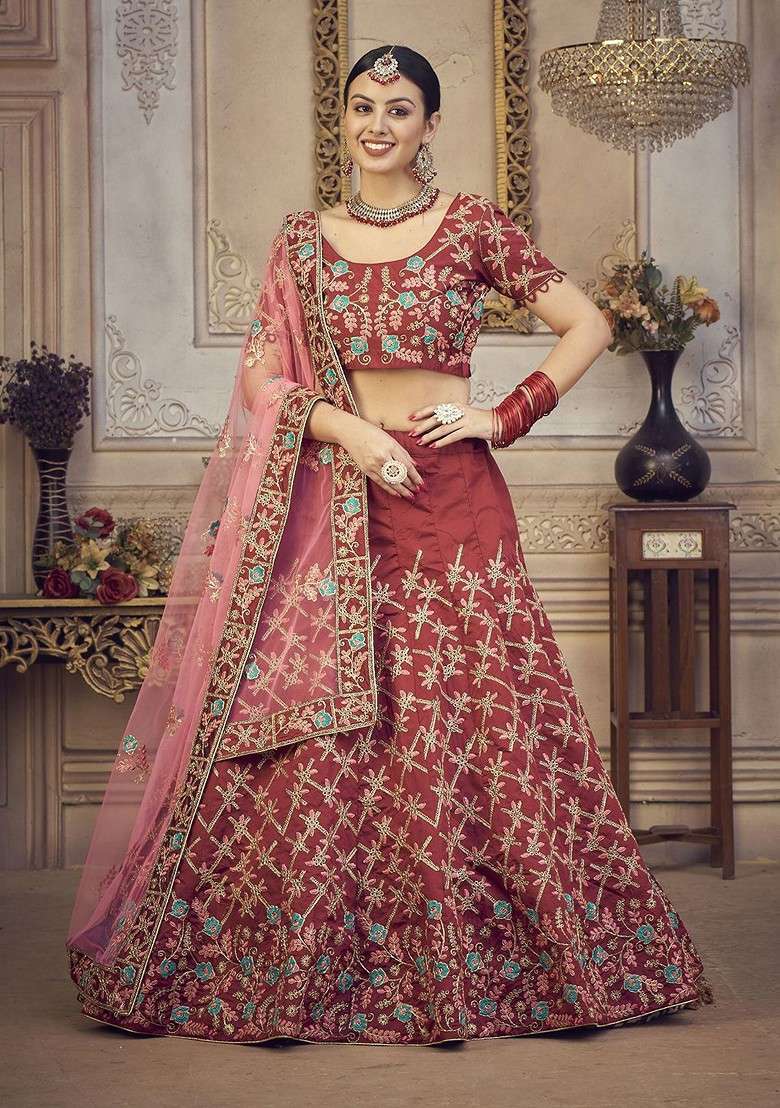 Maroon Emboridered Blended Lehenga Choli - Indya